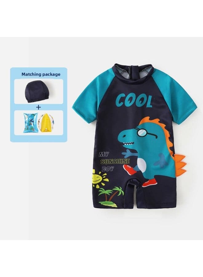 Children's Swimwear Boys' Hooded Swimming Suit Kids Boys Swimming Trunks Big Kids Professional Hot Spring Swimwear-Color:Glasses Dinosaur One-Piece Swimsuit Hat Arm Circle-