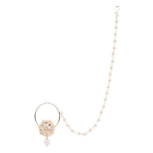 I Jewels Gold Plated Traditional Bridal Nath/Nose Ring Without Piercing with Pearl Chain & Stone for Women (NL184W)