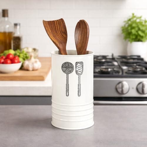 MARKET 99 Ivory Round Metal Ladle Holder | Multipurpose Cutlery Organizer Box for Spoon, Fork, Knife & Chopsticks | Stylish Kitchen Utensil Holder & Dining Table Organizer Stand for Home & Office Use