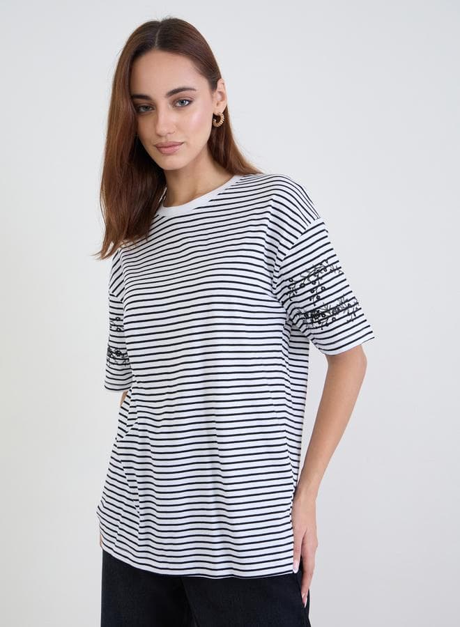 Styli Striped Embroidered Sleeve Oversized T-Shirt