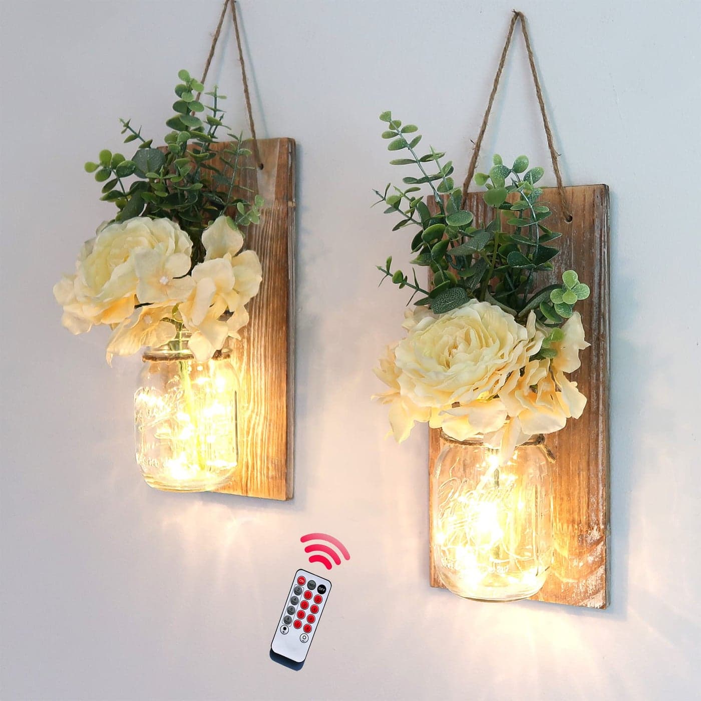 Besuerte Wall Sconces Set of 2 with Remote Farmhouse Wood Wall Art Decor for Home Living Room Bedroom Decorations with Rose Bouquet Flowers and LED Fairy Lights Large Brown