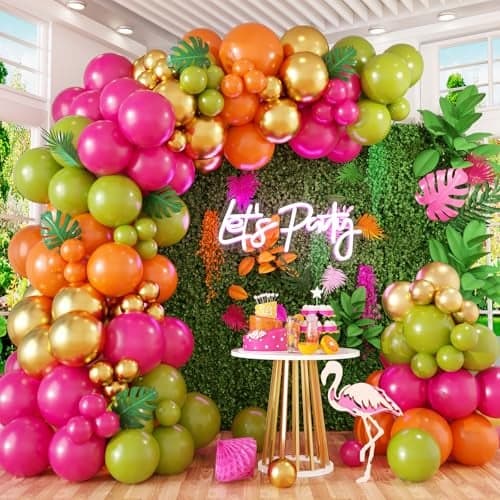 Tropical Hawaiian Balloons Arch Garland Kit Olive Green and Hot Pink Orange Gold Balloons for Kids Hawaii Summer Beach Luau Aloha Pool Birthday Flamingo Baby Shower Party Decorations Supplies