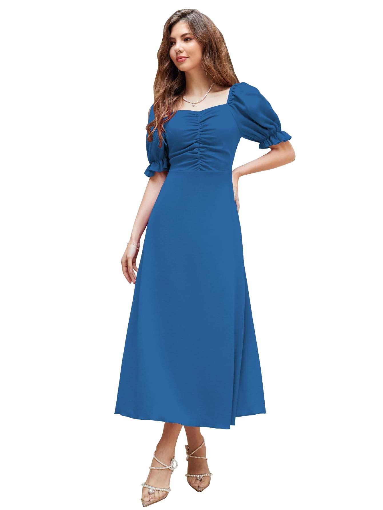 Shasmi Girl's & Women's Solid Morpeach A-Line Ruched Puff Sleeve Maxi Long Evening One Piece Long Dress for Women Stylish (Dress 131 Morpeach-XL)