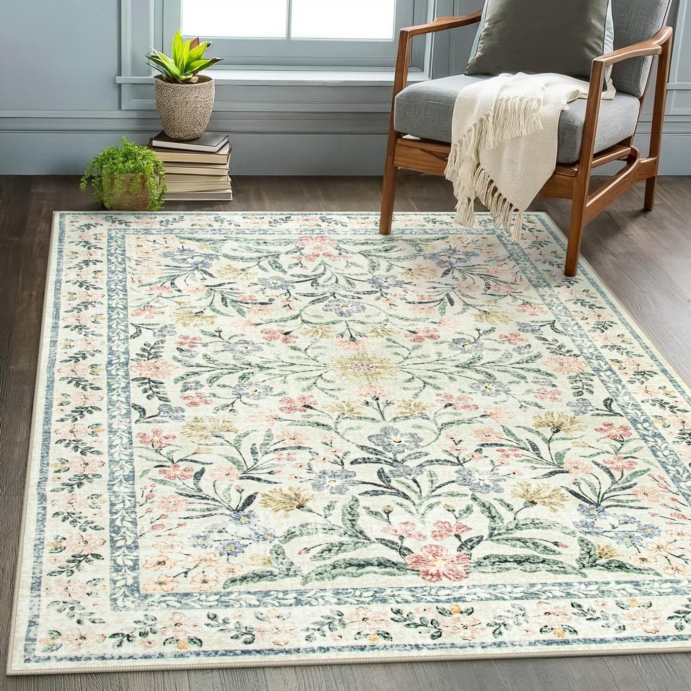 Wonnitar Washable Area Rugs 5x7 Soft Floral Bedroom Area Rug Washable Carpet 5x7 Non Slip Boho Flower Print Beige Carpets for Living Room Bedside Dining Room