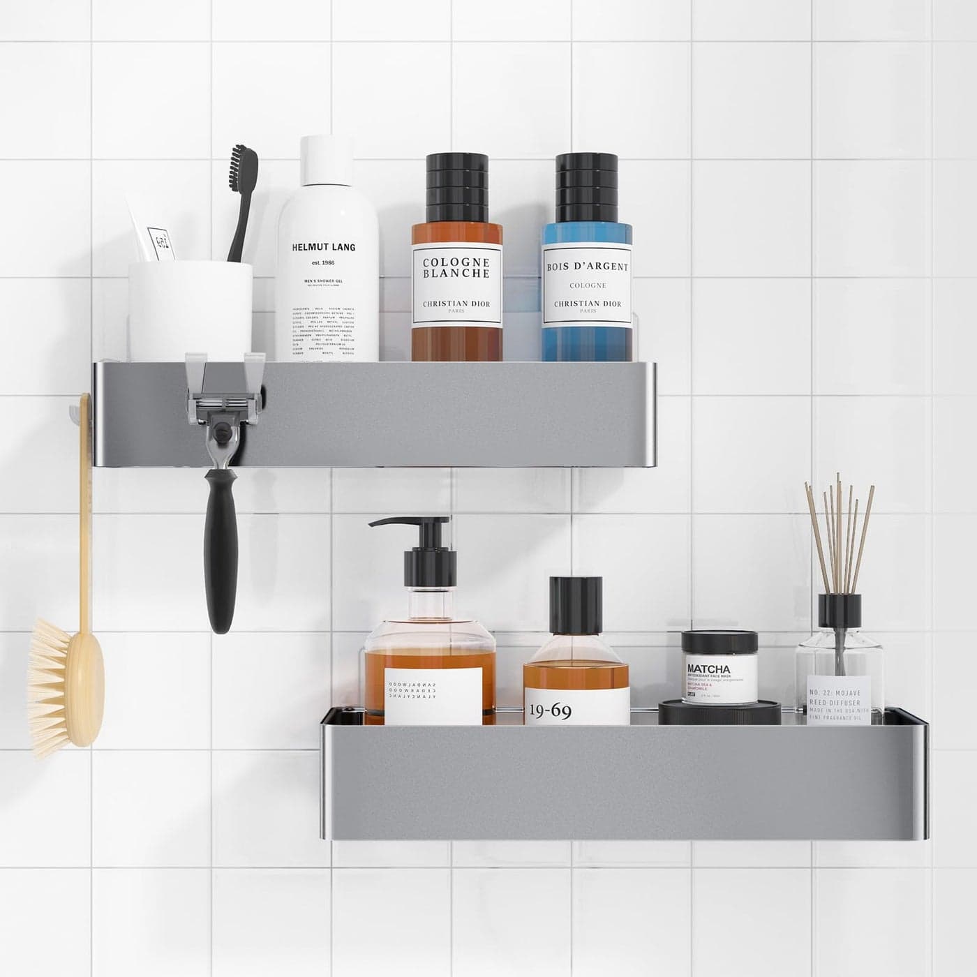 Kitsure Shower Caddy 2 Pack Adhesive Shower Organizer Rustproof Metal Shelves NoDrill Bathroom Organizers and Storage Silver Grey Large