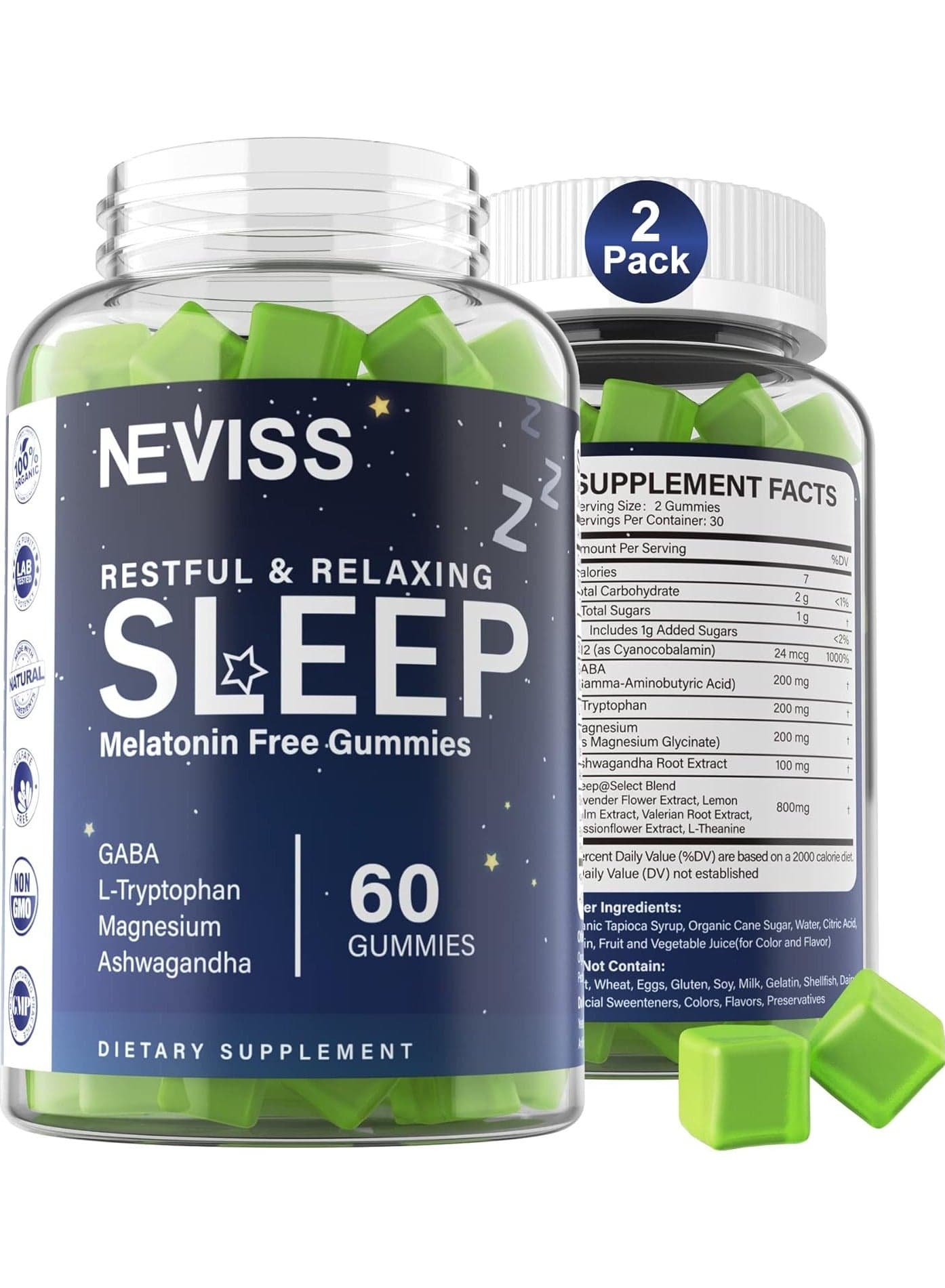 Melatonin Free Sleep Aid Gummies for Adults - GABA, L-Tryptophan, Magnesium, Ashwagandha - Non-Habit Forming, Help for Deep Relaxation - Vegan, Meyer Lemon Flavor, 2Pack