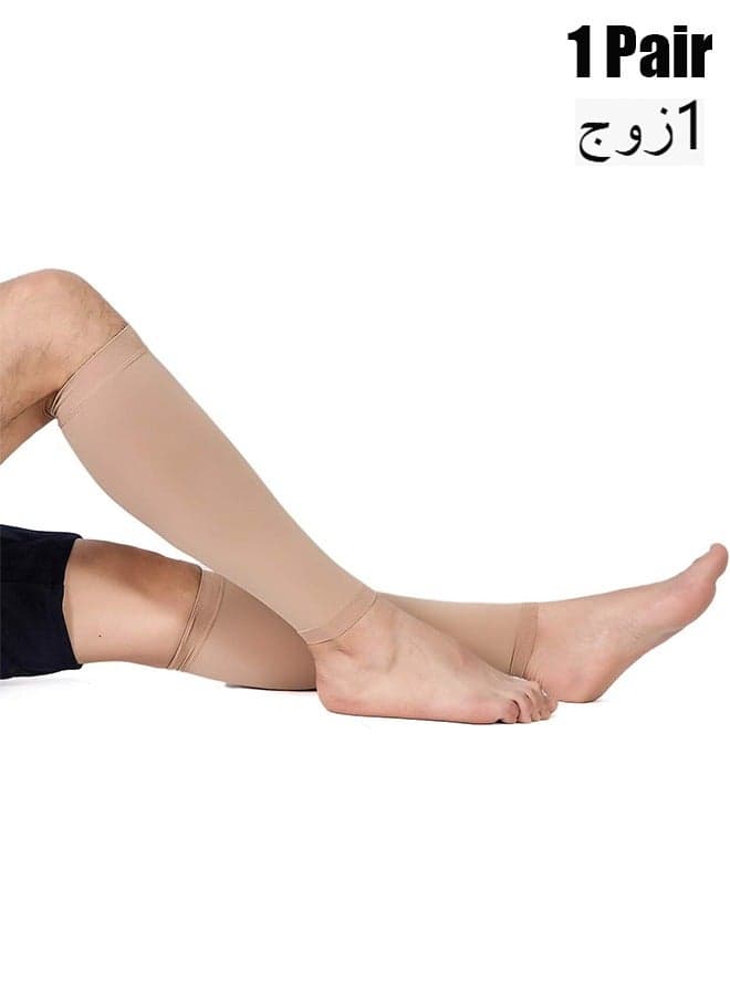 Calf Compression Sleeve for Men Women, 1 Pair, Footless Compression Socks 20-30mmHg for Leg Support, Shin Splint, Pain Relief, Swelling, Varicose Veins, Maternity, Nursing, Travel (Beige L)