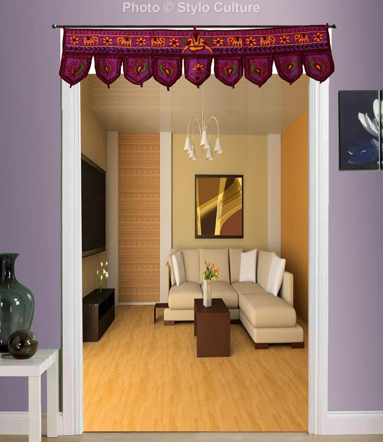 Stylo Culture Cotton Decorative Bandhanwar Toran for Temple Hand Ari Embroidered Door Hanging Purple Home Decoration Elephant Peacock Indian Bandhanwal 36 x 10 Inches