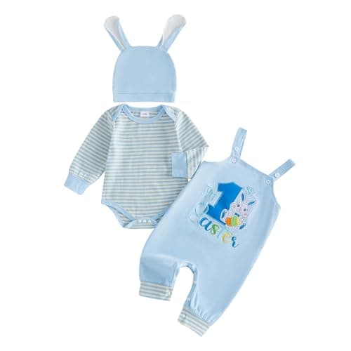 DNOMAID YZARC My 1st Easter Baby Boy Outfit Stripe Long Sleeve Romper Bunny Embroidered Overalls Pants Hat Set 3Pcs Clothes (Light Blue, 6-12 Months)