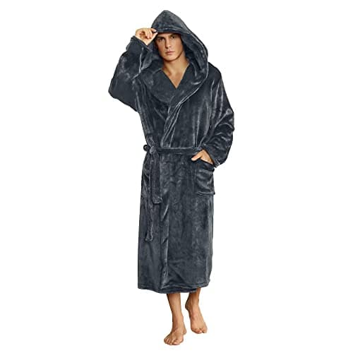 U2SKIIN Mens Fleece Hooded Robe Plush Bathrobe (Dark Grey, 2XL/3XL)