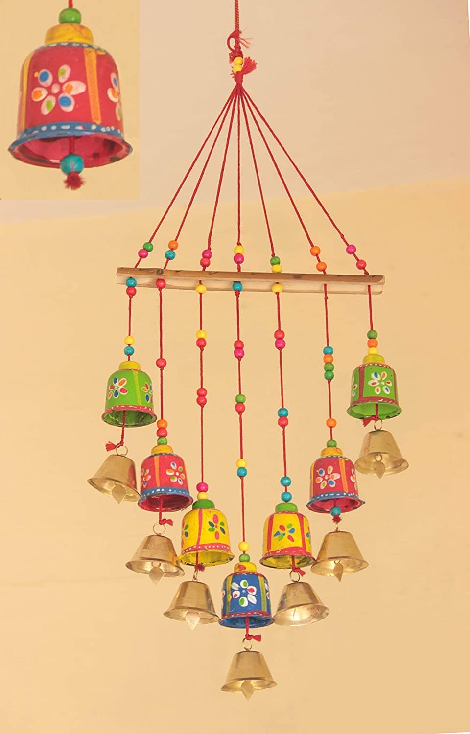 Arrakasta Crafts Bells On Wooden Stick 7 Bell Showpiece Decorative Door Wall Window Hanging Bells Toran 8 X 2 X 20 inch