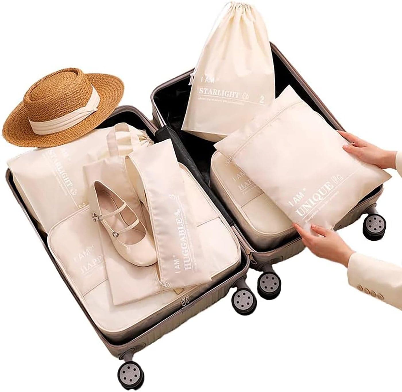 House of Quirk Polyester 6Pcs Set Travel Organizer Packing Cubes Lightweight Travel Luggage Organizers With Laundry Bag Or Toiletry Bag (Beige),W-32 Cm, H-12 Centimeters