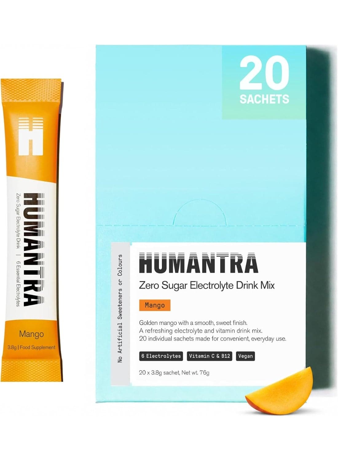 Humantra Electrolytes Powder - Mango flavor, 20ct - Powdered Hydration Sachets - Plant-Based Electrolyte Powder with 6 Electrolytes - Vegan, Sugar Free, Gluten Free