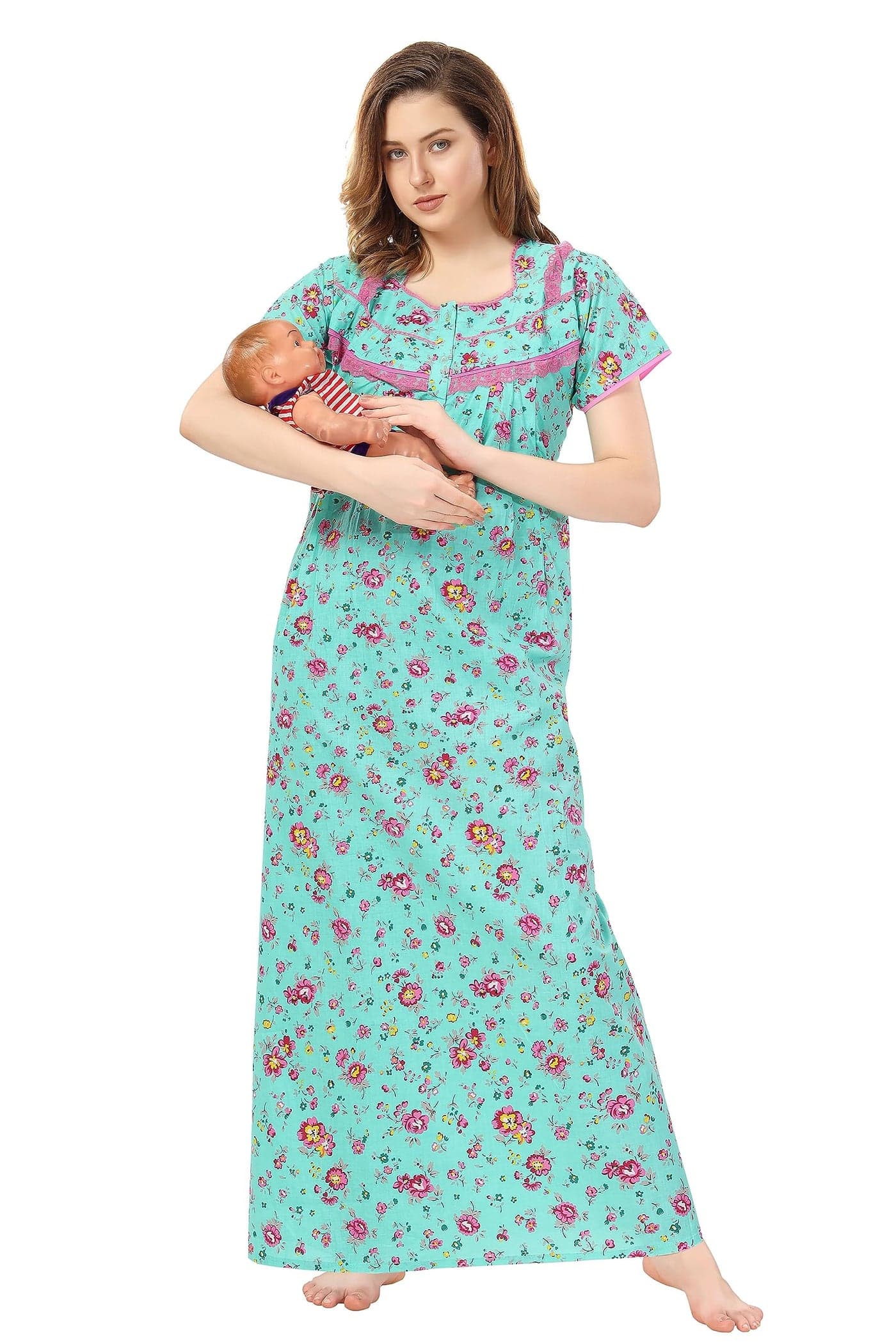 Soulemo Women's Pure Cotton Feeding Nighty (S - Bust 38, Green)