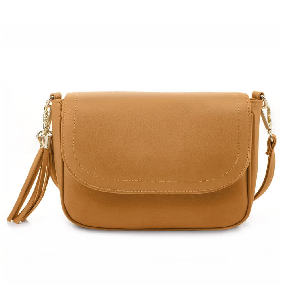 EVVE Small Crossbody Bag for Women Trendy Vegan Leather Flap Saddle Purses with Adjustable Shoulder Strap Mustard