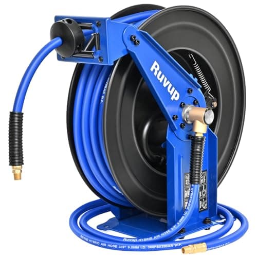 Ruvup Retractable Air Hose Reel, 3/8" x 75ft Air Compressor Hose Reel Auto Rewind Hybrid Hose Max 300PSI with 6.5ft Lead Hose Heavy Duty Steel Double Arm with 12-Position Ratchet Lock