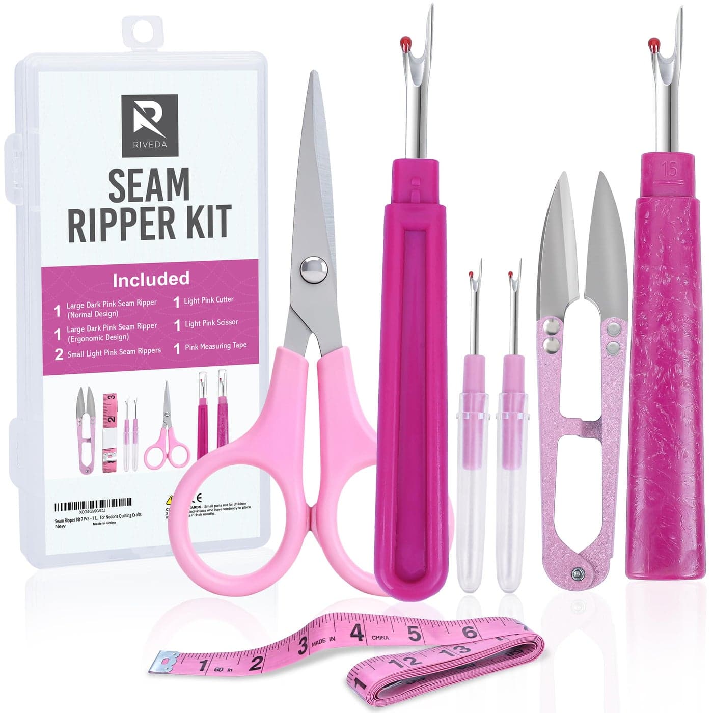 Seam Ripper Kit 7 Pcs 1 Large 1 Ergonomic 2 Small Seam Rippers Thread Cutter Scissor Measuring Tape Sewing Accessories for Notions Quilting Crafts