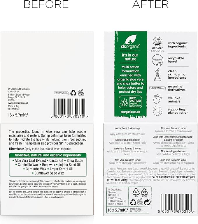 Dr Organic Aloe Vera Lip Balm Moisturising SPF 15 Mens Womens Natural Vegetarian CrueltyFree Paraben SLSFree Recycled Recyclable Organic 57ml Packaging May Vary Pack of 2
