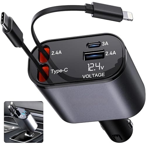 AUORITO 120W 4 in 1 Retractable Car Charger Socket New 2025,Multi USB Car Charger Type C Adapter with Dual Ports, car Mobile Charger Compatible with Android Phones & iPhone 16/15/14/13/12/11 Pro Max