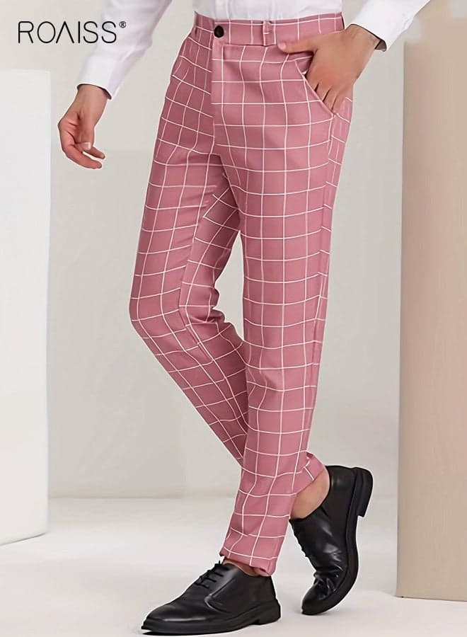 Men's Classic Plaid Dress Pants Slightly Stretch Formal Trousers with Tailored Fit, Perfect for Business Meetings and Professional Occasions, Classic Pattern with Comfort