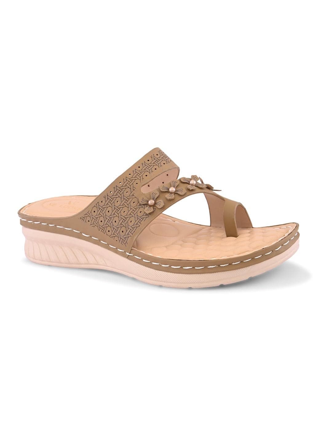 XE Looks Women’s Taupe Casual Comfort Sandals | Trendy Floral Embellished Strap | Soft Cushioned Footbed