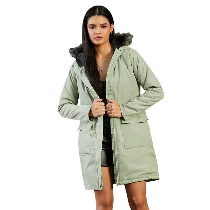 Women's Sage Green Long Puffer Jacket With Fur Detail For Casual Wear | Hooded Neck | Long Sleeve | Zipper Closure | Jacket Crafted With Comfort Fit For Everyday Wear