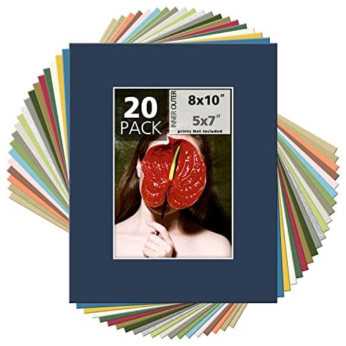 Mat Board Center, Pack of 20, 8x10 Mixed Colors White Core Picture Mats Mattes Matting for 5x7 Photo