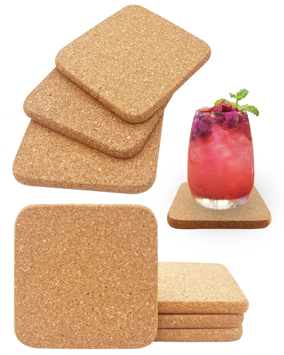 KITLAB Cork Coasters for Drinks, 8 Pcs Square Extra Thick Absorbent Cork Coaster Sets, Round Edge Drink Coaster, Cup Coasters for Kinds of Cups, Housewarming Gifts, Home Decor, 4 x 4 Inches