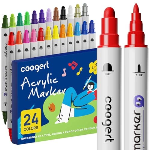 Coogert 24 Paint Pens for Rock Fabric Wood Glass Craft Dual Tip Acrylic Paint Markers With FineDot Tip for CanvasCeramic Plastic Art Painting Supplies Kit