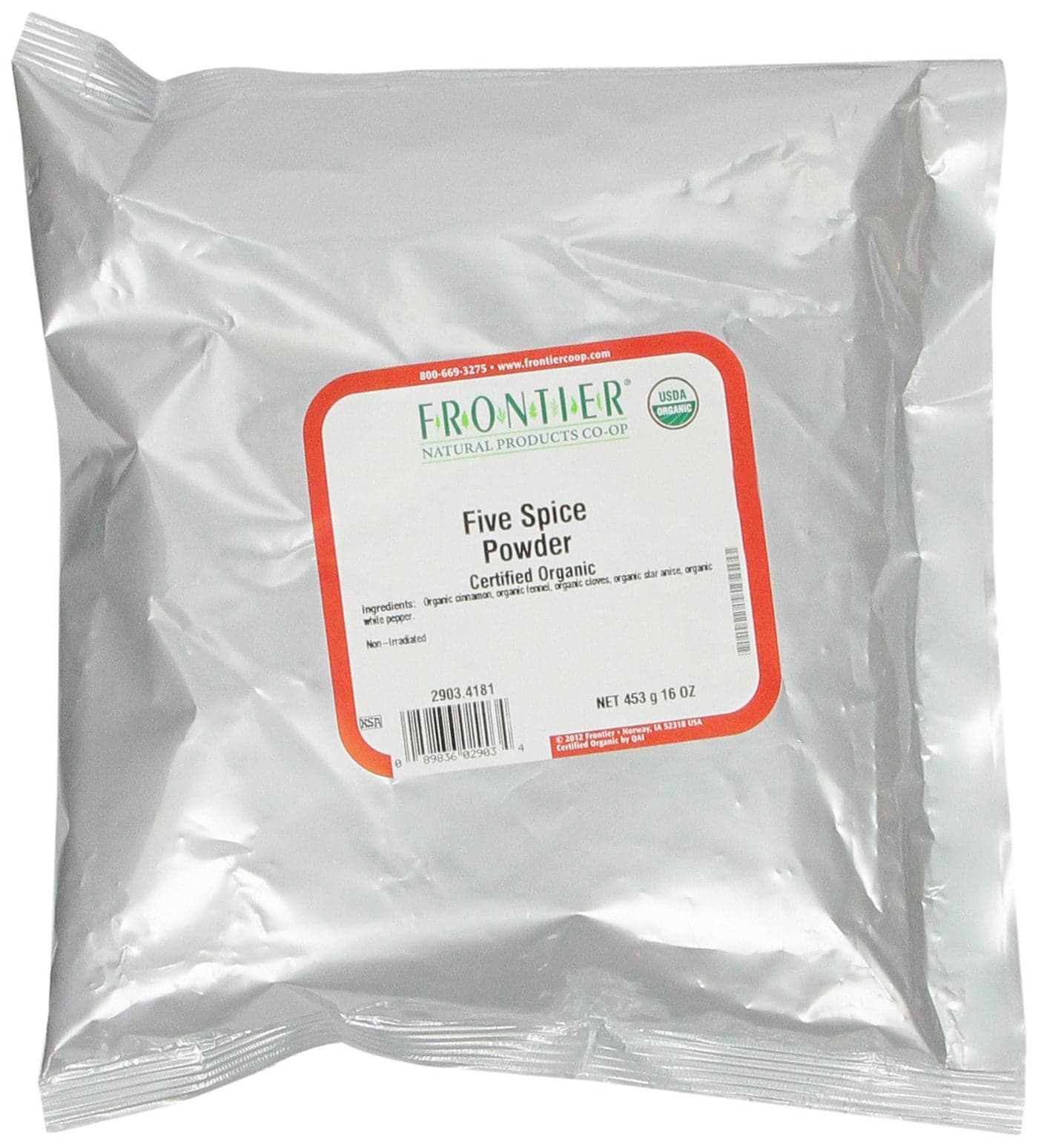 Frontier Co-op Organic Five Spice Powder, 1-pound Bulk Bag, Cinnamon, Fennel Seed, Cloves, Star Anise & White Pepper, Non GMO