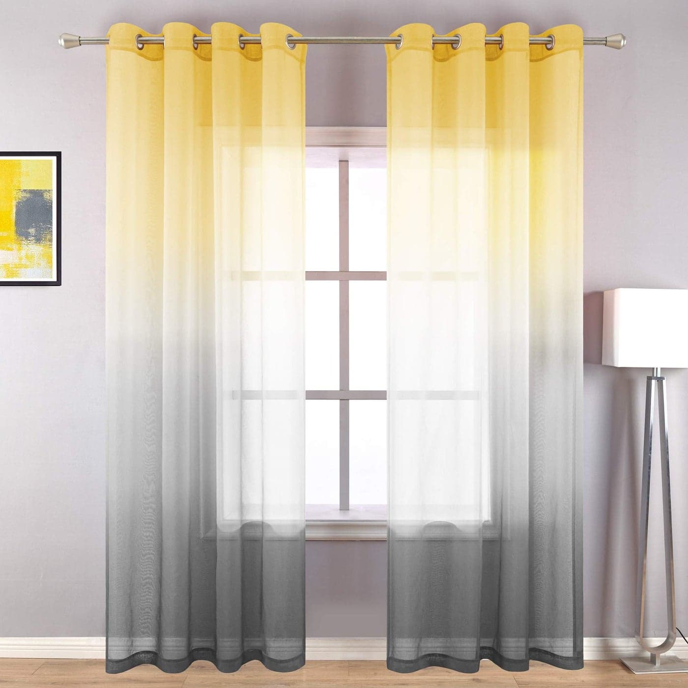 KOUFALL Yellow Sheer Curtains 84 Inches Long for Living RoomSummer Decor Window Grommet Ombre Printed Pattern Curtains for Bedroom Dining Room 84 Inch Length 2 Panels SetYellow and Grey