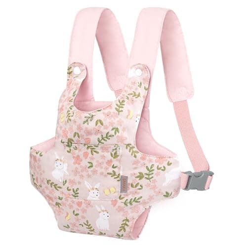GAGAKU Baby Doll Carrier for Kids Reborn Dolls Carrier Accessories for Girls Toddlers Baby Dolls Sling Carrier with Adjustable Straps Pink Rabbit Garden