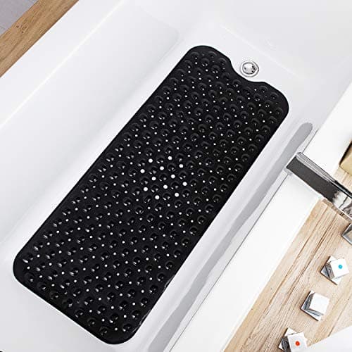 TEESHLY Bathtub Mats for Shower Tub, Extra Long Non-Slip 39 x 16 Inch Bath Mat with Drain Holes and Suction Cups, BathMat for Bathroom with Machine Washable (Opaque Black)