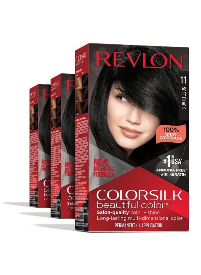 Revlon Permanent Hair Color, Permanent Hair Dye, Colorsilk with 100% Gray Coverage, Ammonia-Free, Keratin and Amino Acids, 11 Soft Black, 4.4 Oz (Pack of 3)