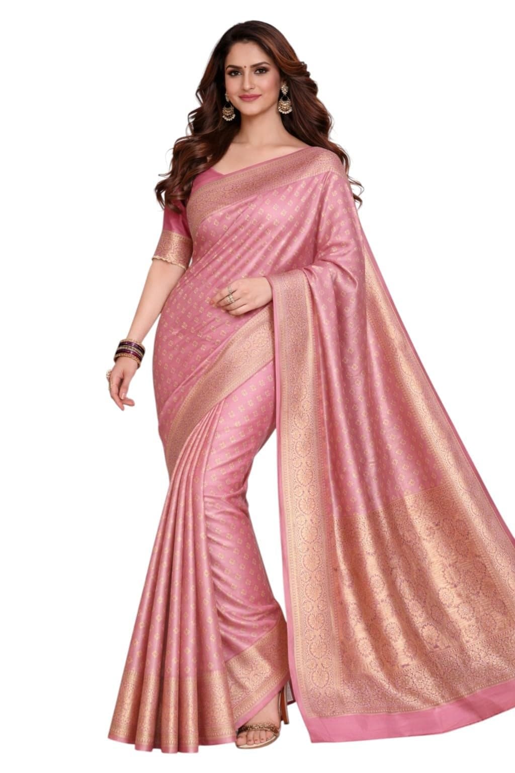 NoseQueen women fashion Multi-Colored Traditional banarasi silk saree | Cotton saree for farewell with UnStitched Blouse Piece (Gajari Pink)