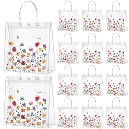 Kacctyen 24 Pcs Wildflower Party Favor Wildflower Clear PVC Gift Bags for Wedding Birthday Baby Shower Butterfly Flower Printed Treat Bags with Handles Return Gift Wrap Totes for Guests
