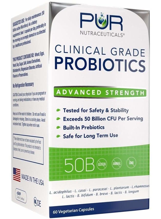 Clinical Grade Probiotics * 50 Billion CFUs/Serving * 10 Strains * Built-in Prebiotic * 60 Daily Capsules - 2 Month Supply * All Natural 100% Made in USA