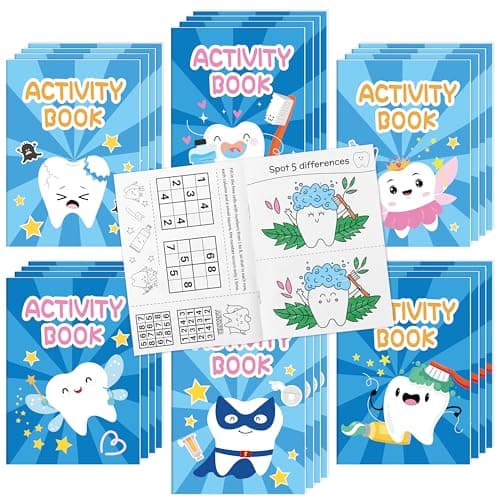 Tooth Activity Books for Kids 24Pcs Cute Tooth Fairy Mini Games Coloring Book Set Bulk Cartoon Novelty Teeth Themed Mazes Word Search Word Scramble Games for Classroom DIY Art Gifts Party Favors