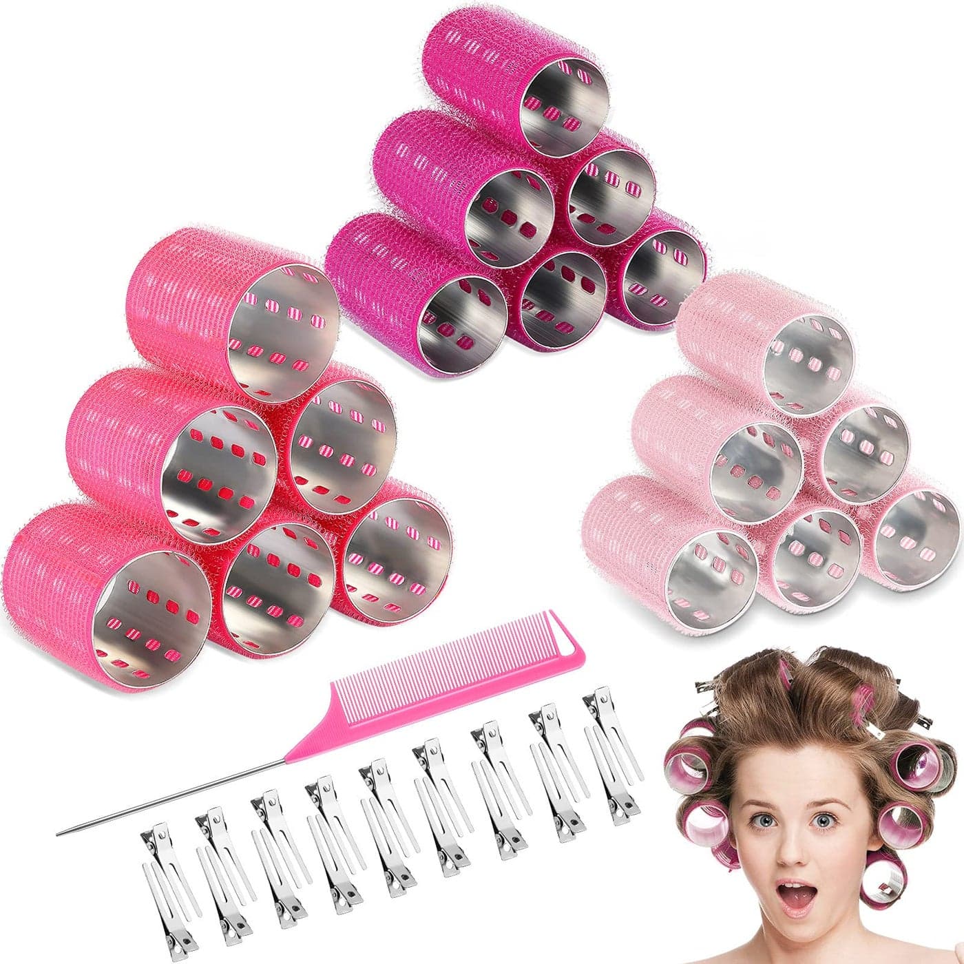 37 Pcs Aluminum Thermal Hair Rollers Set 3 Sizes Self Grip Hair Rollers 18 Pcs Duckbill Clips Comb Hairdressing Styling Tool for Women Men11Pink Series