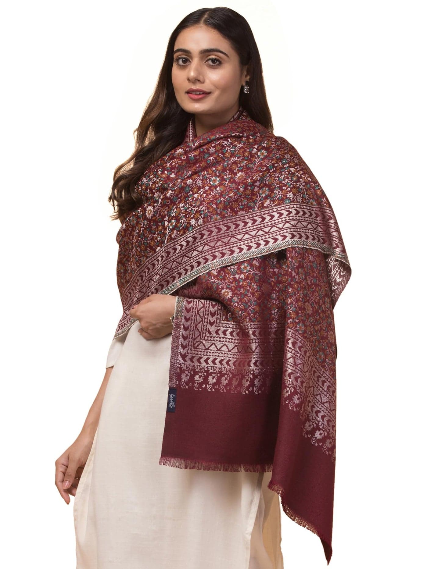 tweedle Women’s Geometric Pattern Zari Border Shawl/Stole with Kashmiri Multicolor Floral Kani design for Weddings and Party, Medium Size - Wine