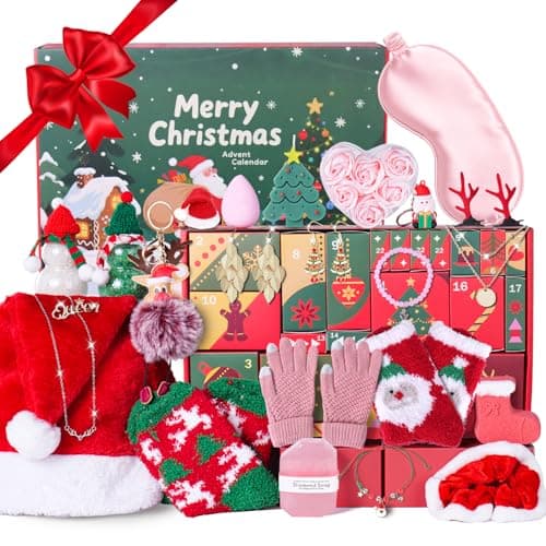 Advent Skincare Calendar for Teen Girls Adult Christmas Gifts For Women 24 Day Advent Beauty Calendar 2025 With Makeup Kit Bath Bomb Spa Jewelry Santa Hat Holiday Countdown Gift Sets for Mom Wife Daughter Sister