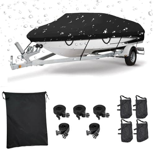 JZAHYUK Boat Cover 1719ft Waterproof Trailerable Boat Cover Heavy Duty UV Resistant Marine Grade Polyester Canvas Fits 1719ft VHull TriHull Fishing Runabout Boat with Tightening Strap