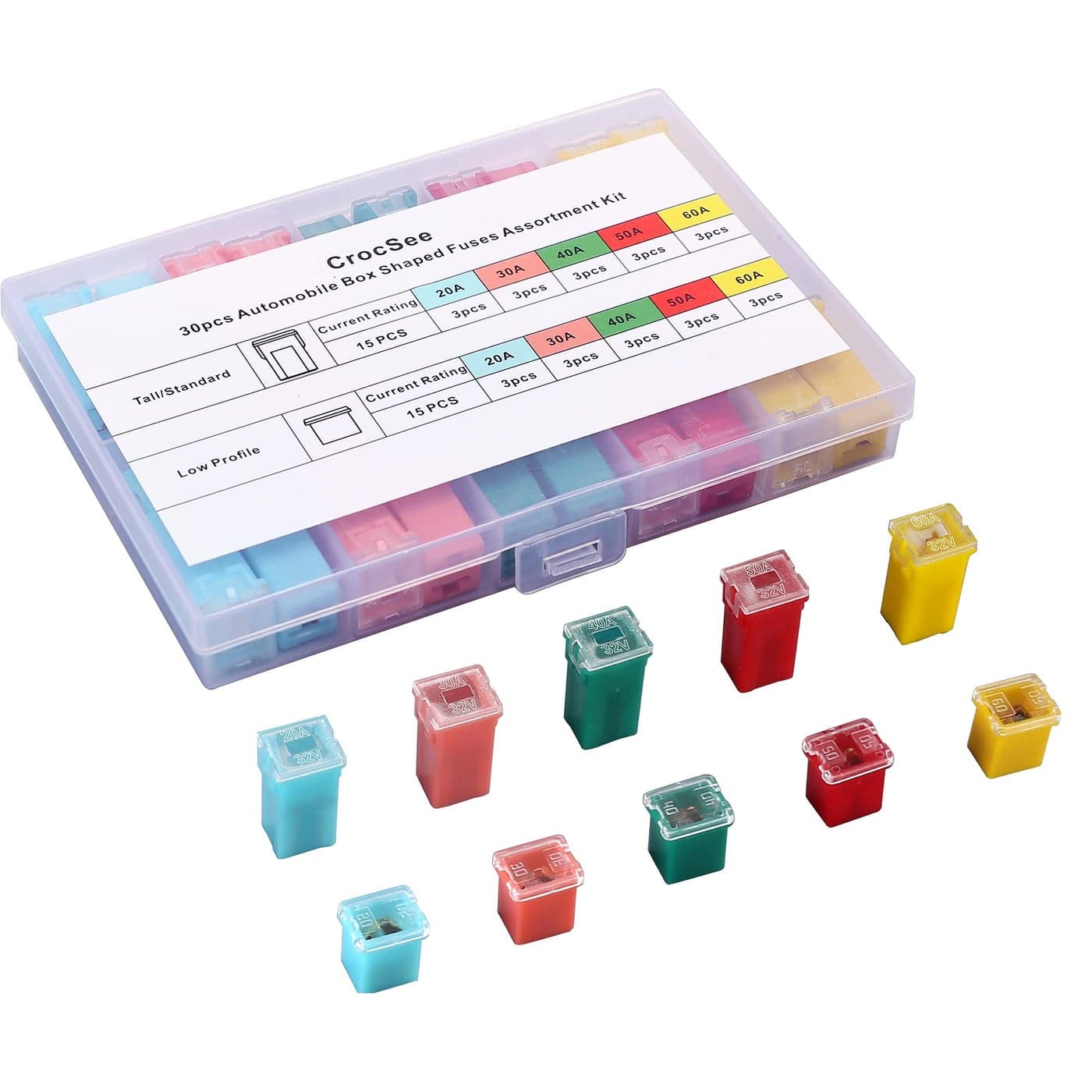 CrocSee 30 Pieces Car Fuses Assortment Kit TallStandard and Low Profile Box Shaped Automotive Fuses for Pickup Trucks Cars RVs and SUVs