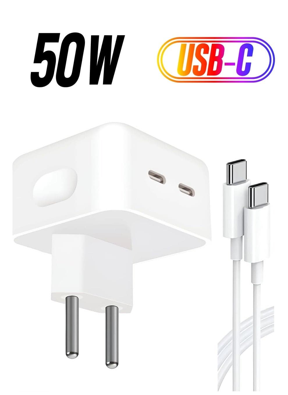 PD 50W Dual USB-C Charger with 2m Type-C Cable – Fast Charging for iPhone 16 Pro Max