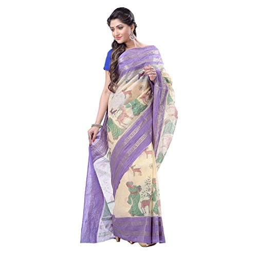 dB DESH BIDESH Women's Handloom Cotton Sarees Tant Cotton Sarees Shakuntala Design Cotton Printed Sarees For Women Without Blouse Piece(Purple Off-White)