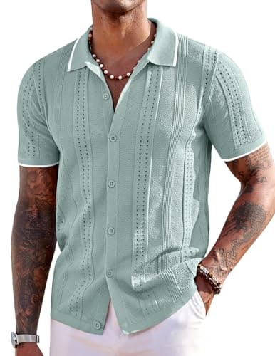 COOFANDY Men's Knit Shirts Short Sleeve Button Down Polo Shirt Fashion Casual Summer Beach Shirts