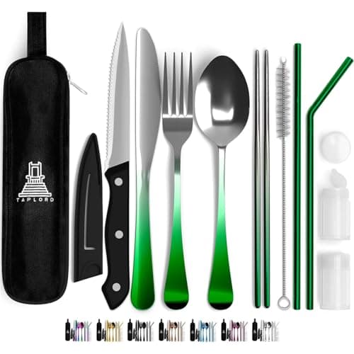 Taplord Portable Travel Silverware Set With Case - Includes 10 Pcs of Utensils, Stainless Steel Flatware For Camping, Easy to Travel, Lightweight (Green Two Tune)