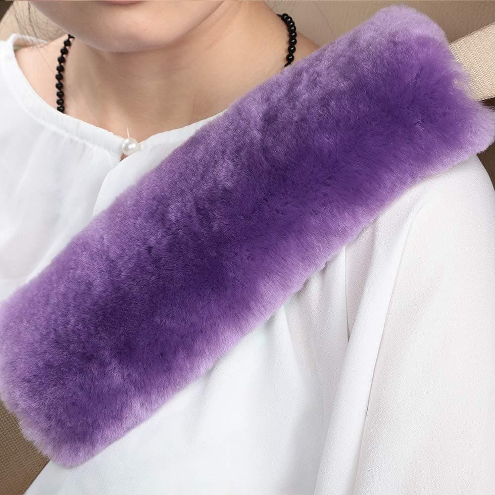 OGLAND 2 Pack Natural Fur Comfort Auto Sheepskin Car Seat Belt Pads - Light Purple