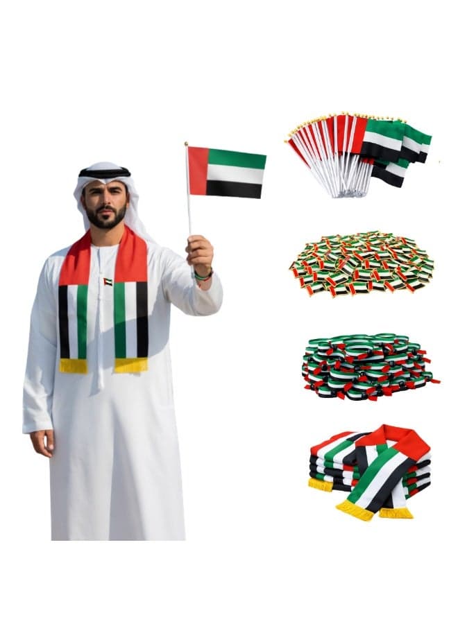 UAE Celebration Bundle | Flag Pin Wristband Scarf Set | Event Accessories Kit | Multi Item Combo (Corporate Bundle, 100 HandFlags+100 LapelPins+100 Wristbands+20Scarf)