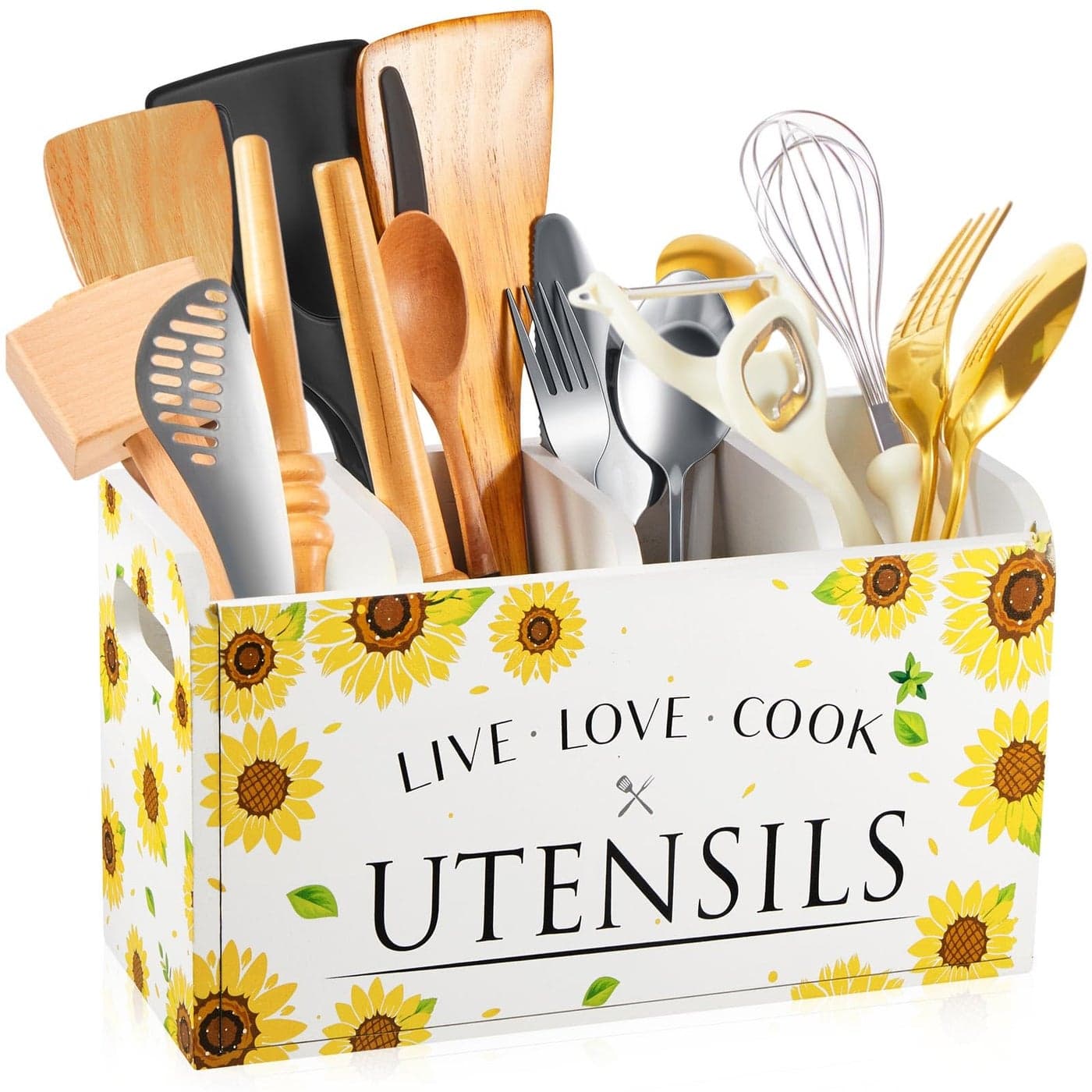 Kathfly Sunflower Kitchen Utensil Holder for Countertop 4 Compartment Large Wooden Rustic Farmhouse Sunflower Cooking Utensil Organizer Kitchen Tools Storage for Home Counter
